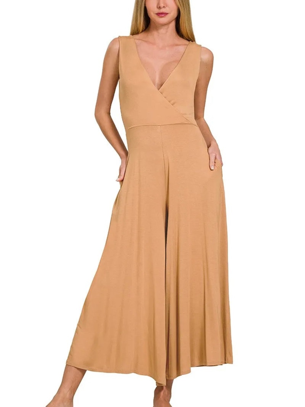 Zenana Surplice Neckline Sleeveless Jumpsuit Camel Sz Small o Medium